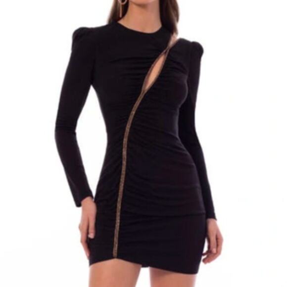 Helsi NWT Josephine Black Gold Crystal Rope Asymmetric Long Sleeve Mini Dress